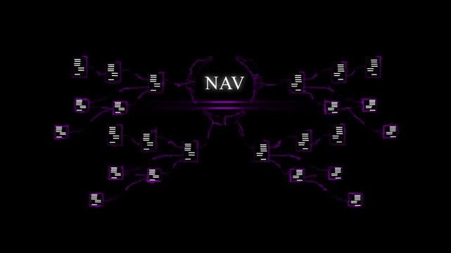 Futuristic Digital Network with Central N A V Hub and Connected Nodes Glowing in Purple Neon Light central NAV hub