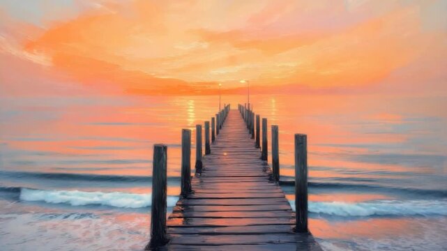 Painting depicts a wooden pier extending into the sea at sunset, warm hues dominating
