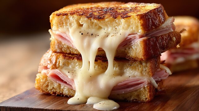 Croque-monsieur au fromage fondu et jambon grill&eacute; sur planche en bois