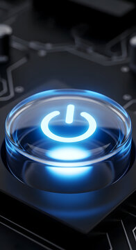 Close up of a glowing blue power button on a dark circuit board representing technology and innovation