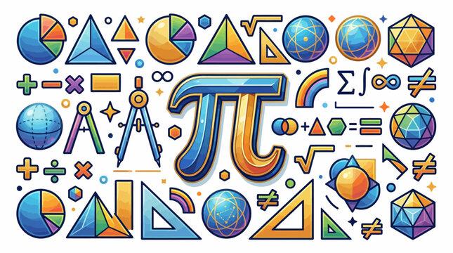 Colorful illustration of mathematical symbols and shapes for Pi Day, featuring geometric figures and equations in a fun educational design