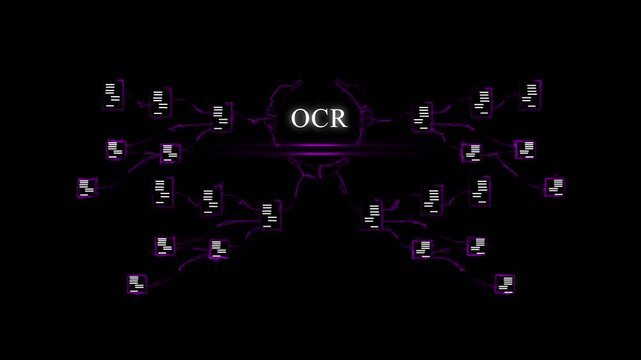 Futuristic digital network with O C R text recognition technology glowing purple nodes and connections on black background