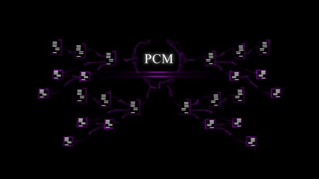Abstract futuristic network with glowing purple connections and digital data nodes centered around P C M