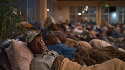 Obraz premium A warm, inviting homeless shelter features communal sleeping areas and personal storage units, ensuring that every individual has a place to rest. The environment emphasizes safety and security for