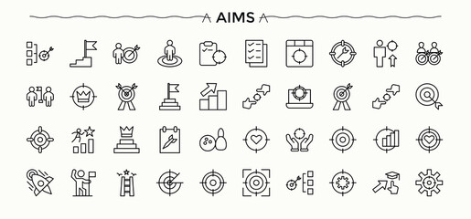 Aims vector line icon set. It contains symbols to success, achieve, win, strategy, business, grow and more. Achievement icon set. Set of line pictogram. Editable stroke collections.