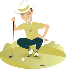 Fototapeta premium Golfer in the hat and sunglasses aiming to do a good shot