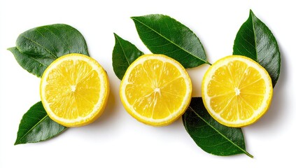Three juicy lemon halves with green leaves against a stark white backdrop