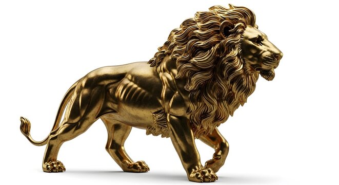 Stunning 3D rendering of a powerful male lion statue made of polished gold, isolated on a clean white background.