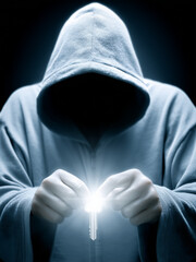 a person in a hooded jacket holding a glowing key with both hands, hacker and cyber attack concept