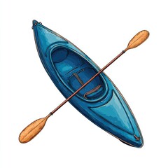 Watercolor-style illustration of a blue kayak with a wooden paddle, top view on white