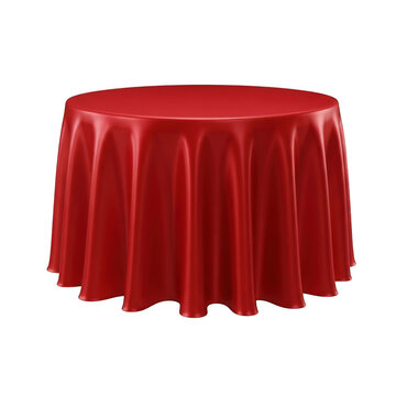 A round table draped with a vibrant red tablecloth in a formal setting
