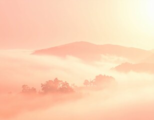 Serene Sunrise Over Misty Mountains with Soft Pink Hues