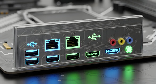 Close up of a computer motherboard rear input output panel with glowing ports and connectors for connectivity and data transfer