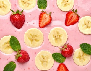 Fresh Fruit Smoothie with Strawberries, Bananas and Mint Leaves