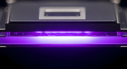 Close up of a scientific device emitting purple ultraviolet light onto a surface for analysis or treatment in a laboratory setting