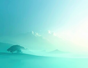 Serene Mountain Landscape with Mist and Gentle Blue Tones