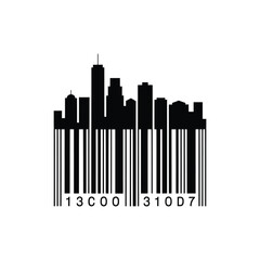 Obraz premium City skyline integrated with a barcode depicting modern urban life