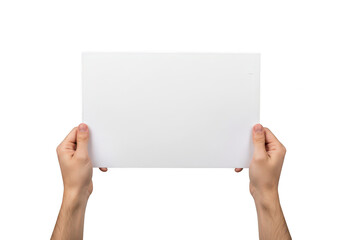Hands holding a blank sheet of paper against a white background isolated on transparent background