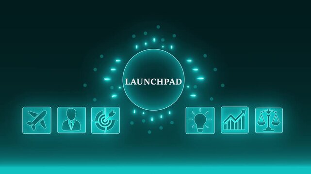 Digital launchpad concept with glowing icons for business startup innovation growth and success dark blue background with circuit board elements and earth globe. 4K video animation on blue background.