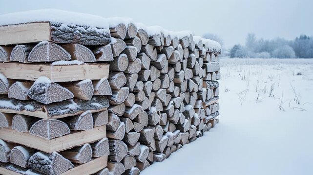 A snow-covered stacked pile of cut tree trunks in a winter landscape
