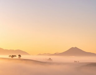 Serene Sunrise Over Misty Mountain Landscape with Gentle Hills