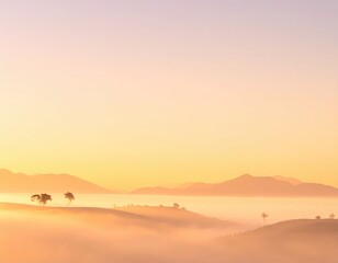 Serene Sunrise Over Rolling Hills with Fog and Soft Light