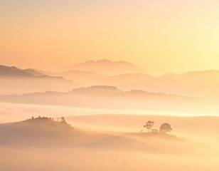 Serene Sunrise Over Misty Hills and Mountains in Soft Light
