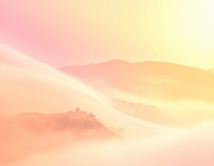 Serene Sunrise Over Dreamy Hills with Soft Pastel Hues and Fog