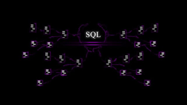 Abstract digital network connecting multiple databases with S Q L central node glowing in futuristic cyber space