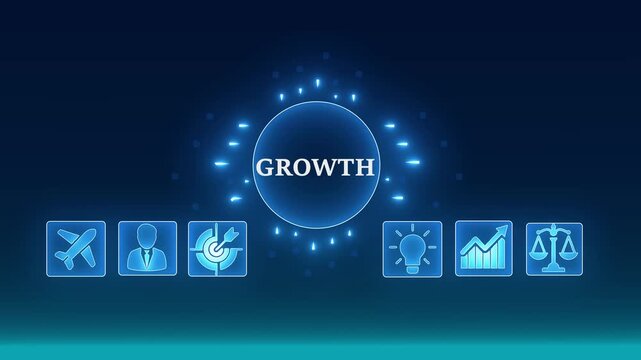 Digital growth concept with interconnected icons representing business innovation sustainability and launch success on a dark blue background. 4K video animation on blue background.
