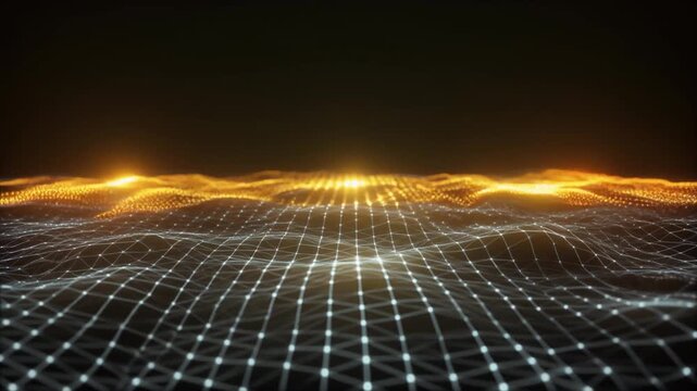Futuristic glowing network grid with golden wave and dark background technology concept