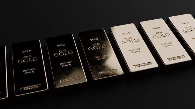Close-up 999.9 gold bullion bars in cinematic loop animation. Perfect for finance, investment, wealth and luxury branding. Seamless loop animation, part of series.