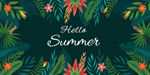 Tropical floral arrangement with hello summer text on a dark background