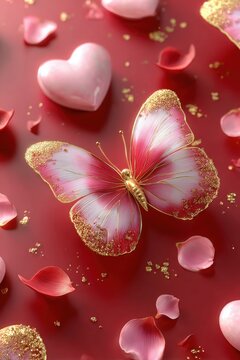 Elegant, chic, vintage seamless repeatable pattern featuring pink butterfly, red heart background, pink and gold color scheme
