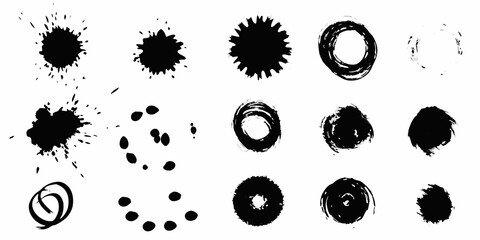 Collection of abstract black ink splatters and brush stroke shapes