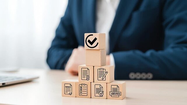 Optimizing digital document management processes for successful validation and compliance, depicted by a progressive stack of conceptual blocks