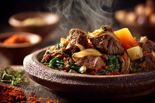Through layer of smoky spice velvety injera crumb rich flavor of Waadii Ethiopian Oromo slow roasted lamb vegetable tenderizes over subtle crunch of fried onion succulent piece of meat clean
