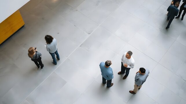 Overhead view of diverse professionals conversing in a modern bright office interior
