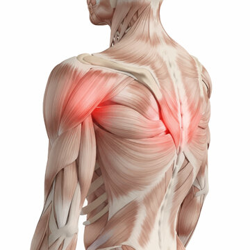 Detailed 3D medical illustration highlighting muscle pain and inflammation in the human upper back, shoulder, and trapezius regions, an anatomical concept of musculoskeletal discomfort