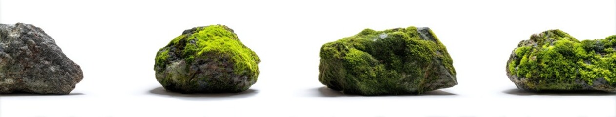 Four stones with moss on white background, varying detail and focus