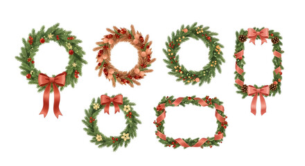 Collection of six different Christmas wreaths with red ribbons and festive decorations on white