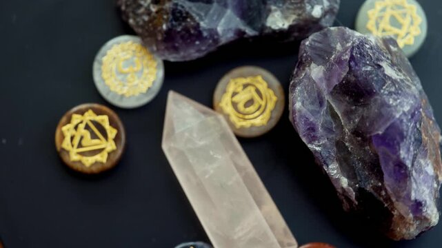 Top View of Amethyst Clusters, Rose Quartz Point, and Chakra Stones Rotating, Rotating Flat Lay of Raw Amethyst and Quartz Crystals for Meditation and Reiki