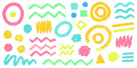 Colorful abstract shapes and lines resembling crayon or pastel drawings