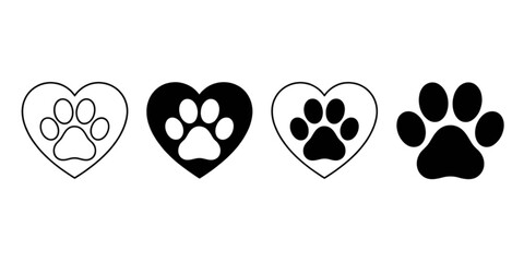 Four different heart shapes filled with paw prints in varying patterns and designs. Vector © AZIFA