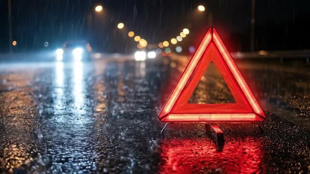Red warning triangle on wet asphalt road at night during rain with car headlights. Road accident safety and vehicle breakdown concept.