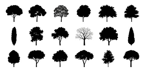A diverse collection of various tree silhouettes against a white background Vector © AZIFA