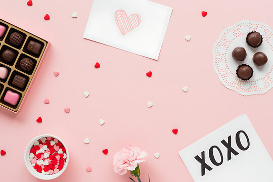 Valentine's Day, love concept. Mock up frame made of confetti, heart symbol accessories, sweets, postcards on pink background. Flat lay, top view.