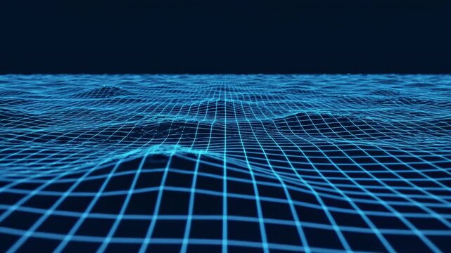 Blue grid waves undulate across a dark background, showcasing a continuous flow of geometric patterns and depth perception in a digital environment