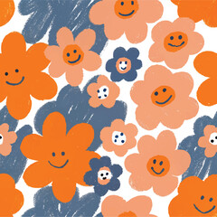 Naklejka premium Cute vector illustration set of a seamless pattern with funny cartoon flower nature flowers and butterflies for a fun baby art collection design