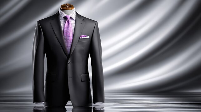 Elegant Men's Charcoal Business Suit with Purple Tie and Pocket Square